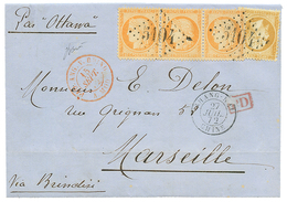 CHINA French POST OFFICE : 1872 FRANCE 10c EMPIRE + 40c SIEGE Strip Of 3 Canc. GC 5104 + SHANG-HAI CHINE On Cover To FRA - Other & Unclassified