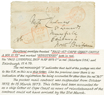 GOLD COAST : 1873 PAID AT CAPE COAST CASTLE In Red + Boxed REGISTERED On Envelope To SCOTLAND. Very Scarce. Ex. SACHER C - Gold Coast (...-1957)