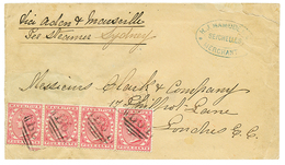 "MAURITIUS Used In SEYCHELLES" : 1890 MAURITIUS 4c Strip Of 4 Canc. B64 + SEYCHELLES On Envelope (fault) To ENGLAND. RAR - Seychellen (...-1976)