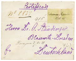 PHILIPPINES : 1891 8c(x2) Pen Cancel. "SCHOONER MANILA/ 3.10.91 + CERTIFICADO On REGISTERED Envelope To GERMANY. Signed  - Philippines