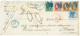 USA : 1873 1c+ 3c+ 6c+ 10c(x2) Canc. N In Blue + ETATS-UNIS 2 CHERBOURG Blue + "20" Tax Marking On Envelope(faults) From - Other & Unclassified