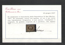 SAN MARINO 1877 STEMMA 30 C.BRUNO CENTRATO * GOMMA ORIGINALE  CERT. DIENA - Ungebraucht