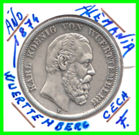 ALEMANIA - WUERTTEMBERG - KARL KOENIG VON WUERTTEMBERG AÑO. 1874-F    FÜNF MARK - 2, 3 & 5 Mark Plata