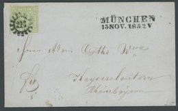 BAYERN 1852, 9 Kr. Mattblaugrün, Type II, Prachtbrief Von MÜNCHEN Nach Kaiserslautern, Gepr. Pfenninger Und Brettl - Sonstige & Ohne Zuordnung