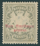 BAYERN P 11A *, 1888, 5 Pf. Gelbgrau Kleine Zähnungslöcher, Mehrere Falzreste, Pracht, Gepr. Dr. Helbig, Mi. 160.- - Altri & Non Classificati