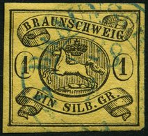 BRAUNSCHWEIG 6aY O, 1853, 1 Sgr. Schwarz Auf Sämisch, Verkehrtes Wz., Pracht, Mi. 120.- - Brunswick