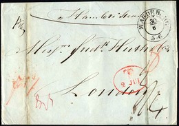 HAMBURG 1844, T 2 JUL, Rote Sonderform Auf Brief Von Magdeburg (K2) Per HAMBURG STEAMER Nach London, Rückseitig Kleiner  - Prephilately