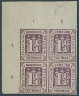 HAMBURG 20a VB *, 1866, 11/4 S. Dunkelbraunviolett Im Viererblock Aus Der Linken Oberen Bogenecke, Mit Reihenzählern!, F - Hamburg (Amburgo)