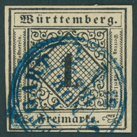 WÜRTTEMBERG 1a O, 1851, 1 Pf. Schwarz Auf Hellsämisch, Blauer K3 STUTTGART, Gepr. Irtenkauf, Mi. 130.- - Otros & Sin Clasificación