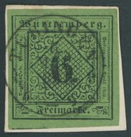 WÜRTTEMBERG 4b BrfStk, 1851, 6 Kr. Schwarz Auf Blaugrün, Type III, K2 TÜBINGEN, Kabinettbriefstück - Other & Unclassified
