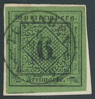 WÜRTTEMBERG 4b BrfStk, 1851, 6 Kr. Schwarz Auf Blaugrün, Type III, K2 TÜBINGEN, Kabinettbriefstück - Otros & Sin Clasificación