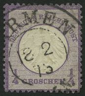 Dt. Reich 1 O, 1872, 1/4 Gr. Grauviolett, K2 BARMEN, Pracht, Gepr. Brugger, Mi. 120.- - Sonstige & Ohne Zuordnung