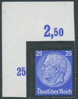 Dt. Reich 553POR **, 1934, 25 Pf. Hindenburg-Trauer, Plattendruck, Aus Der Linken Oberen Bogenecke, Postfrisch, Pracht - Sonstige & Ohne Zuordnung