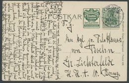 ZUSAMMENDRUCKE W 2.2 BRIEF, 1911, Bienenhonig + 5 Pf. Auf Ansichtskarte (Kriegsschule Glogau) Aus GLOGAU, Pracht - Se-Tenant