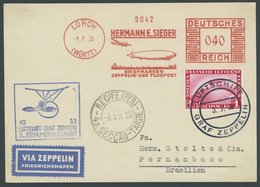 ZEPPELINPOST 219E BRIEF, 1933, 3. Südamerikafahrt, Bordpost Mit Freistempler Und Mi.Nr. 455, Prachtkarte - Zeppeline