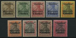 DP IN MAROKKO 7-15SP *, 1900, 3 C. Auf 3 Pf. - 1 P. Auf 80 Pf. Reichspost Mit Aufdruck Specimen, Falzrest, 9 Prachtwerte - Deutsche Post In Marokko