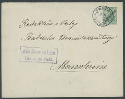 DP TÜRKEI U 5 BRIEF, 1910, 5 C. Auf 5 Pf. Diagonaler Aufdruck Von JAFFA Nach Mannheim, Mit Violettem R2 Aus Jerusalem De - Turkey (offices)