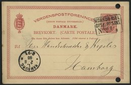 DEUTSCHE SCHIFFSPOST KORSØR-KIEL No. 2, R3 Auf Dänischer Ganzsachenkate (1888) Nach Hamburg, Gelocht Sonst Pracht - Schiffahrt