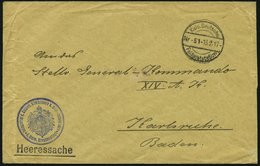 FELDPOST I.WK 1917, Heeressache Der Feldpoststation Nr. 51 Nach Karlsruhe, Mit Blauem Siegelstempel Delegierter D. Kasie - Ocupación 1914 – 18