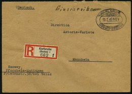 ALL. BES. GEBÜHR BEZAHLT KARLSRUHE, 20.2.46, Schwarzer Ellipsenstempel Gebühr Bezahlt Auf Einschreibbrief, Pracht - Sonstige & Ohne Zuordnung