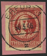 THÜRINGEN 97AXaqU BrfStk, 1945, 12 Pf. Karminrot, Vollgummierung, Graues Kartonpapier, Ungezähnt, Prachtbriefstück, Gepr - Sonstige & Ohne Zuordnung