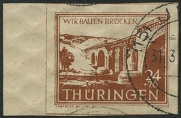 THÜRINGEN 115cy O, 1946, 24 Pf. Mittelrötlichbraun Wiederaufbau, Linkes Randstück, Pracht, Gepr. Ströh, Mi. 65.- - Sonstige & Ohne Zuordnung