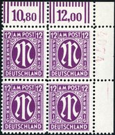 AMERIK. U. BRITISCHE ZONE 23Dr4 VB **, 1945, 12 Pf. Dunkelpupur Im Eckrandviererblock, Gezähnt L 111/2, Mit Roter Nummer - Altri & Non Classificati