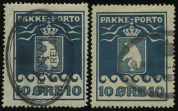 GRÖNLAND - PAKKE-PORTO 7A O, 1928/31, 10 Ø Blau Und Grünblau, Gezähnt L 111/4, (Facit P 7III Und IV), 2 Werte üblich Gez - Paketmarken