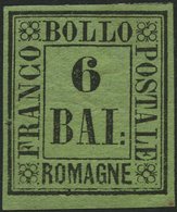 ROMAGNA 7 *, 1859, 6 Baj. Schwarz Auf Gelbgrün, Falzrest, Pracht, Gepr. Drahn, Mi. 300.- - Romagne