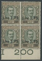 ITALIEN 221 VB **, 1925, 1.75 L. Auf 10 L. Oliv/rosa Im Unterrandviererblock, Postfrisch, Pracht, Mi. (160.-) - Ungebraucht