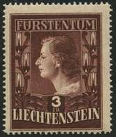 LIECHTENSTEIN 305BW **, 1951, 3 Fr. Fürstin Gina, Gezähnt L 14 3/4, Wz. 2 W, Pracht, Mi. 170.- - Sonstige & Ohne Zuordnung