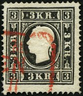 ÖSTERREICH 11II O, 1859, 3 Kr. Schwarz, Type II, Roter Stempel, Pracht, Mi. 230.- - Sonstige & Ohne Zuordnung