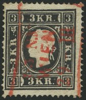 ÖSTERREICH 11II O, 1859, 3 Kr. Schwarz, Type II, Roter R3 WIEN, Pracht, Mi. 230.- - Sonstige & Ohne Zuordnung