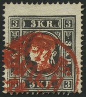 ÖSTERREICH O, 1859, 3 Kr. Schwarz, Type II, Roter K1 WIEN, Etwas Dezentriert, Pracht, Mi. 230.- - Sonstige & Ohne Zuordnung