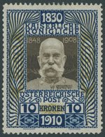 ÖSTERREICH 1867-1918 177 *, 1910, 10 Kr. 80. Geburtstag, Falzrest, Pracht, Mi. 220.- - Other & Unclassified