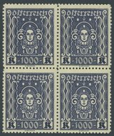 ÖSTERREICH 1918-1938 404B VB **, 1922, 1000 Kr. Schwarzblau, Gezähnt L 111/2, Im Postfrischen Viererblock, Pracht, Mi. ( - Gebraucht