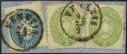 LOMBARDEI UND VENETIEN 15,17 BrfStk, 1863, 3 So. Grün (2x) Und 10 So. Blau Auf Prachtbriefstück, K1 VENEZIA, Gepr. Dr. F - Lombardy-Venetia