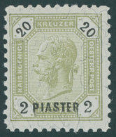 POST IN DER LEVANTE 28B *, 1891, 2 Pia. Auf 20 Kr. Grünlicholiv/schwarz, Gezähnt L 91/4. Herstellungsbedingter Gummibug, - Eastern Austria