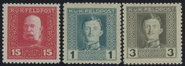 AT-HUNG. FELDPOST ALLG. AUSG. 65,71/2B **, 1917, 50 H., 4 Kr. Und 10 Kr. Kaiser Karl I, Gezähnt L 111/2, Postfrisch, 3 P - Other & Unclassified