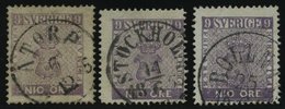 SCHWEDEN 8 O, 1858, 9 Ö. Violett, 3 Werte In Farbnuancen, Unterschiedliche Erhaltung - Other & Unclassified