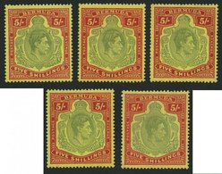 BERMUDA-INSELN 113a,b **,* , 1939-45, 5 Sh. Rot/grün Auf Gelb Und Rot/hellgrün Auf Gelb, Gezähnt 14, 5 Werte In Nuancen, - Bermuda