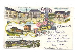 0-6556 TANNA, Lithographie, Restaurant Zum Schützenhaus, Hotel Linderhof, Bahnhof, Markt, Totalansicht - Schleiz