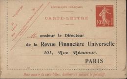 Entier Carte Lettre 10c Semeuse Camée Rouge Repiquage Recto + Intérieur Revue Financière Universelle Paris Date 046 Neuf - Kaartbrieven