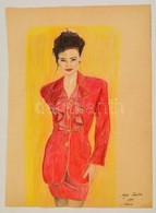 Bólyai Krisztina (?-): Piros Kosztüm. Pasztell, Papír, 35×25 Cm - Sonstige & Ohne Zuordnung