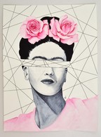Kun Sarolta (1990- ): Frida. Akvarell-tus, Papír, Jelzett, üveg Keretben, 40×30 Cm - Other & Unclassified