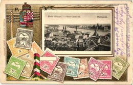 * T2/T3 Budapest, Buda, Philatelie-Ansichtskarte, Bélyegek, Címer, Litho (Rb) - Non Classificati