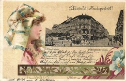 T2 1900 Budapest VI. Váczi Körút (ma Bajcsy Zsilinszky út) és Podmaniczky Utca Sarka, Villamos. Art Nouveau Litho Lady - Sin Clasificación