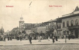 T2 1909 Kolozsvár, Cluj; Deák Ferenc Utca, Stief Jenő és Társa üzlete, Grand Kávéház, Piac, Hirdetőoszlop / Street View  - Ohne Zuordnung