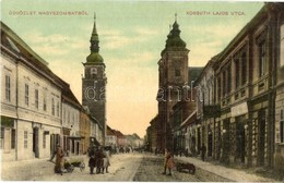 ** T2 Nagyszombat, Tyrnau, Trnava; Kossuth Lajos Utca, Templom, üzletek. W. L. Bp. 706. / Street View, Church, Shops - Non Classificati