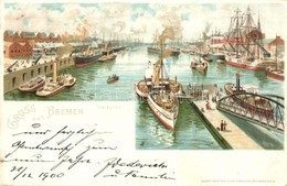 T2 1900 Bremen, Freihafen / Port With Ships. Kunstanstalt V. H.A. J. Schulz Litho - Zonder Classificatie